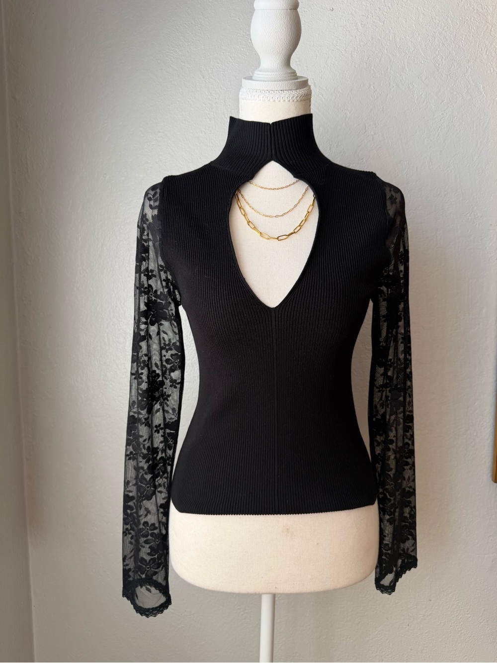 45 - NWT Anthropologie Black Mock Neck Top with Lace Sleeves and Front Keyhole.